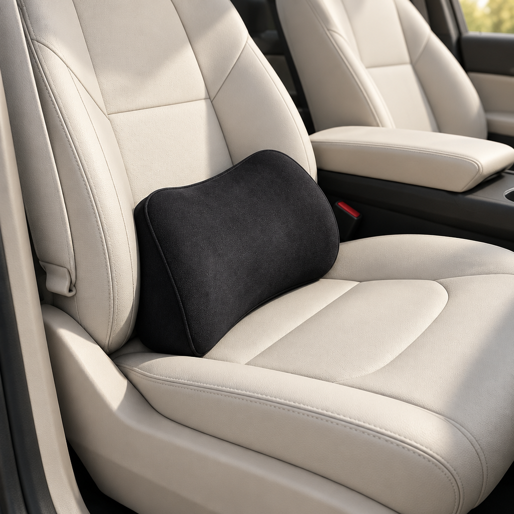 Black lumbar cushion on a light-colored car seat