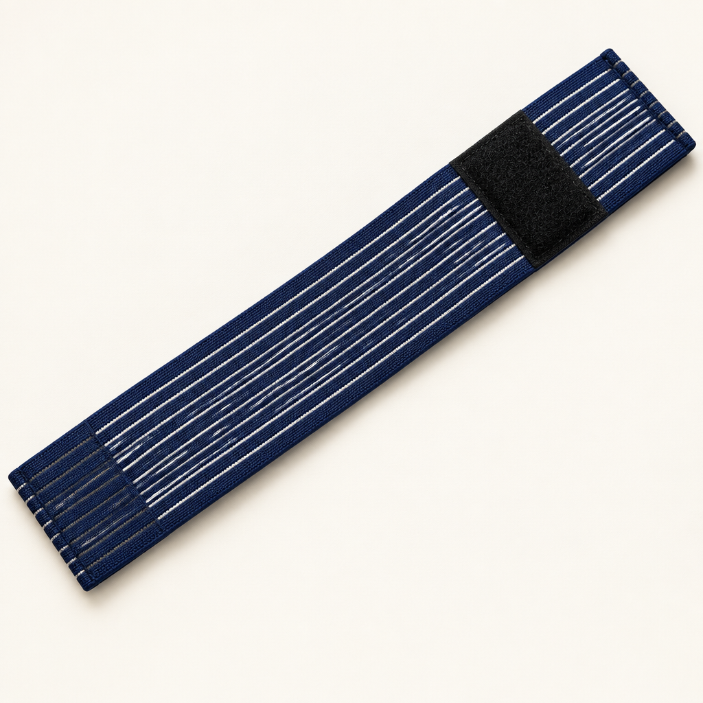 Close-up of striped blue support wrap and fastening patch