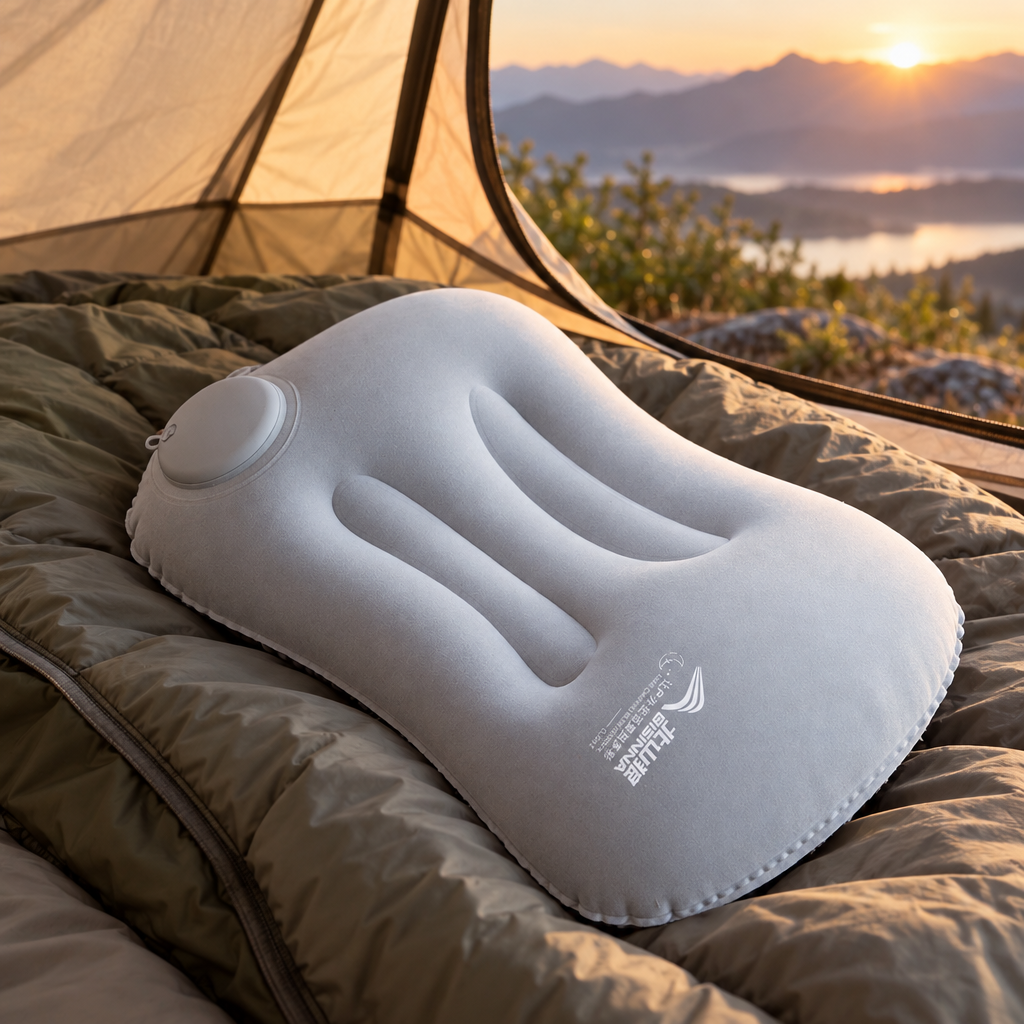 Grey inflatable travel pillow on a sleeping bag inside a tent
