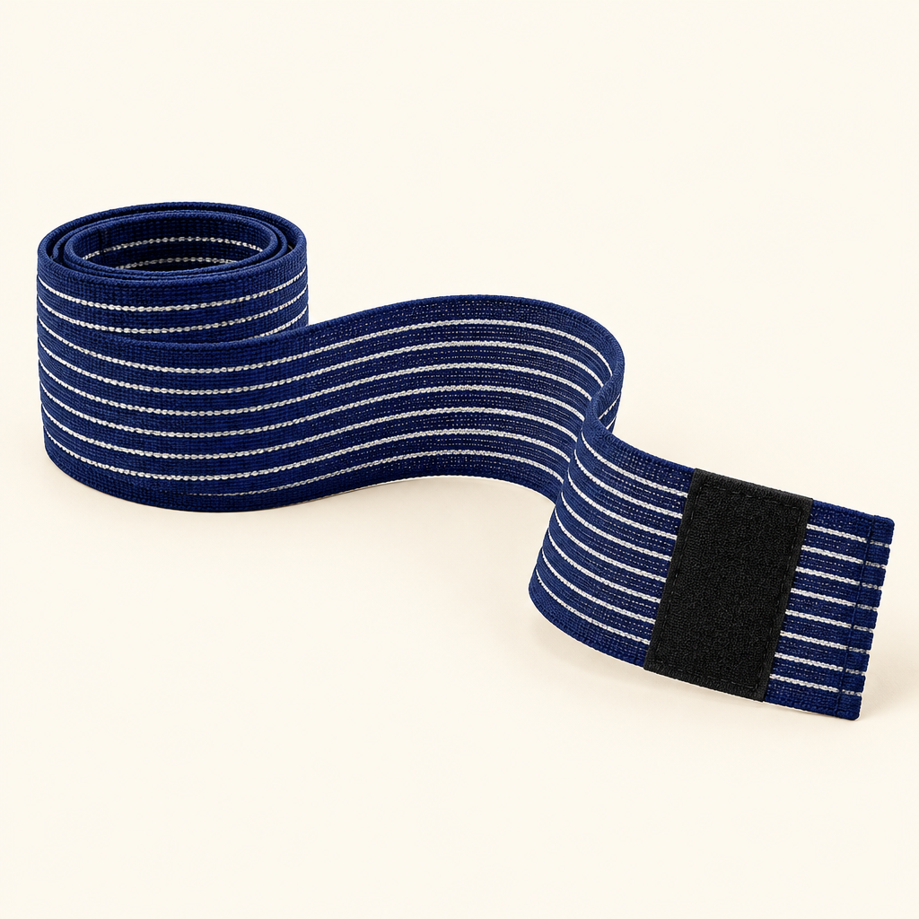 Blue striped adjustable support wrap partially unrolled on a light background