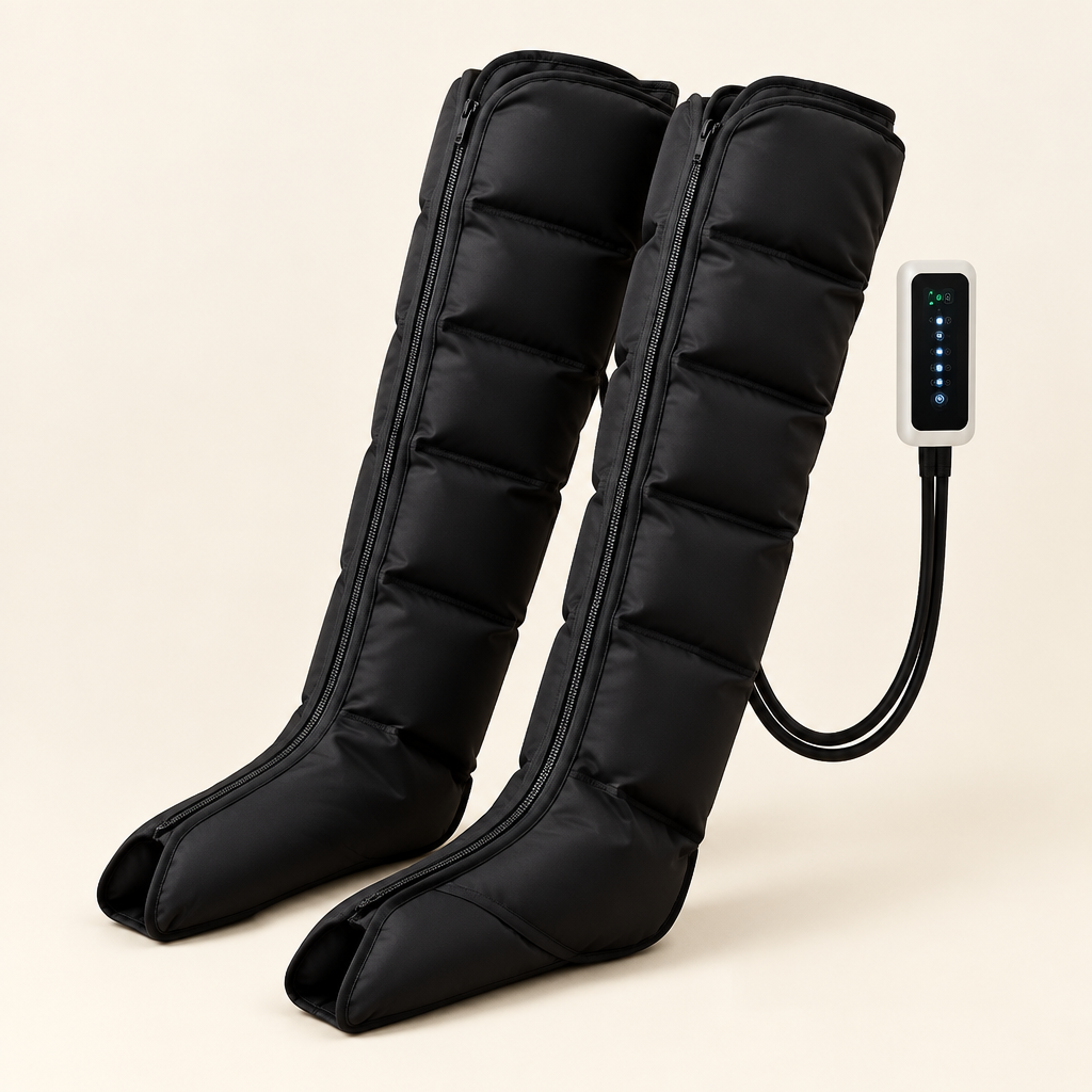 Pair of long black air compression leg and foot massage boots with controller