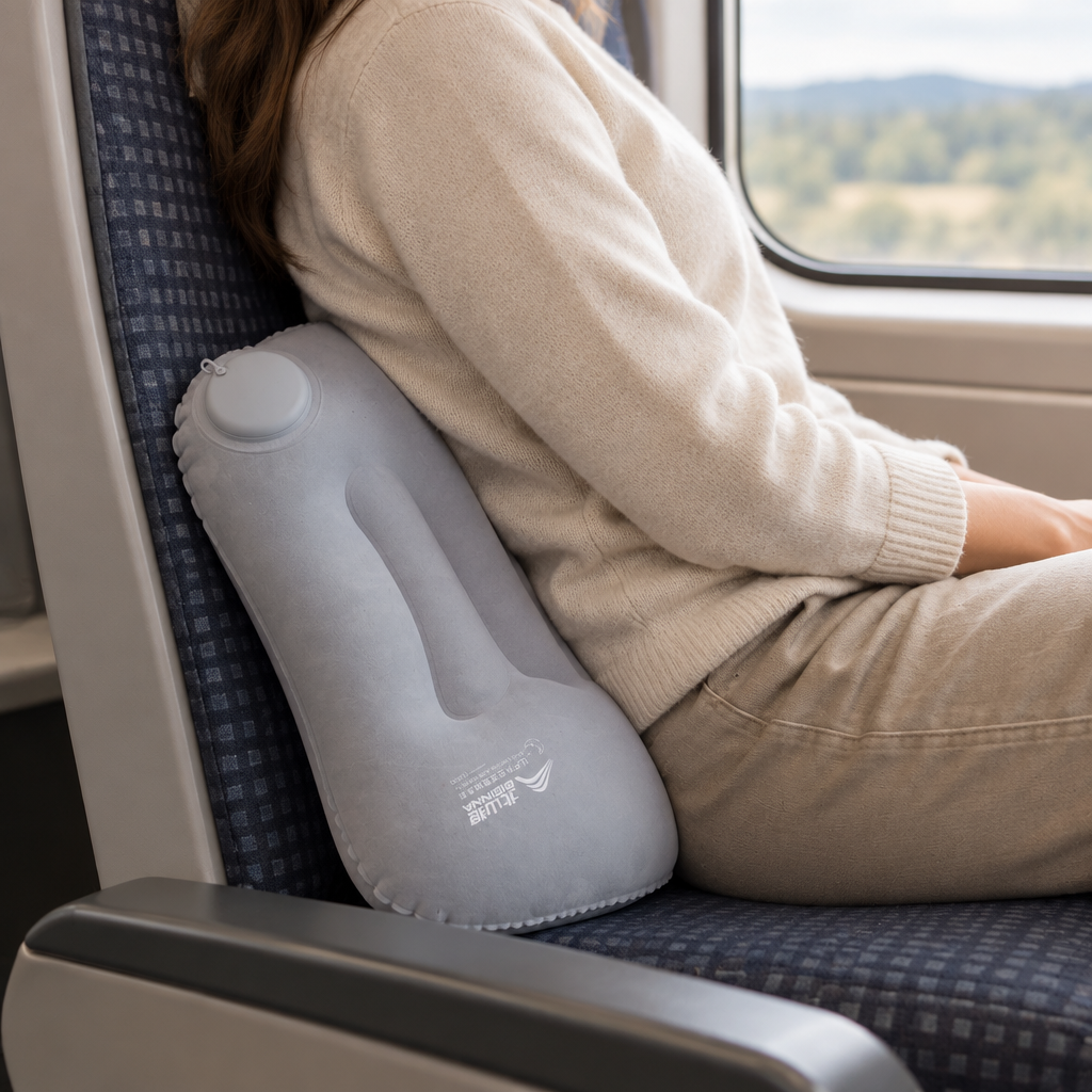 Grey inflatable travel pillow used for lower-back comfort on a train