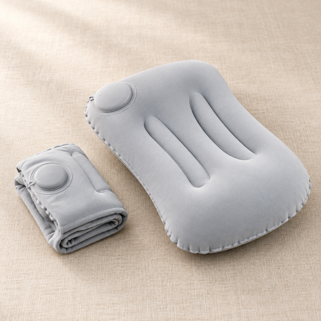 Grey inflatable travel pillow shown inflated beside a folded pillow