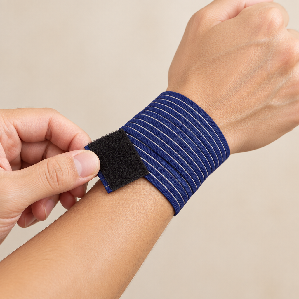 Blue striped adjustable support wrap fastened around a wrist