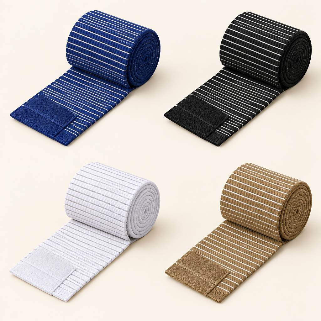 Blue, black, white and brown striped support wraps
