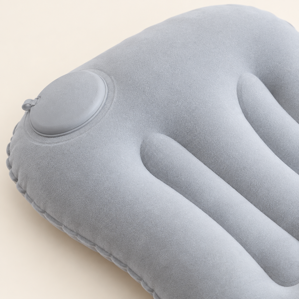 Close-up of grey travel pillow fabric, raised channels and round inflation valve