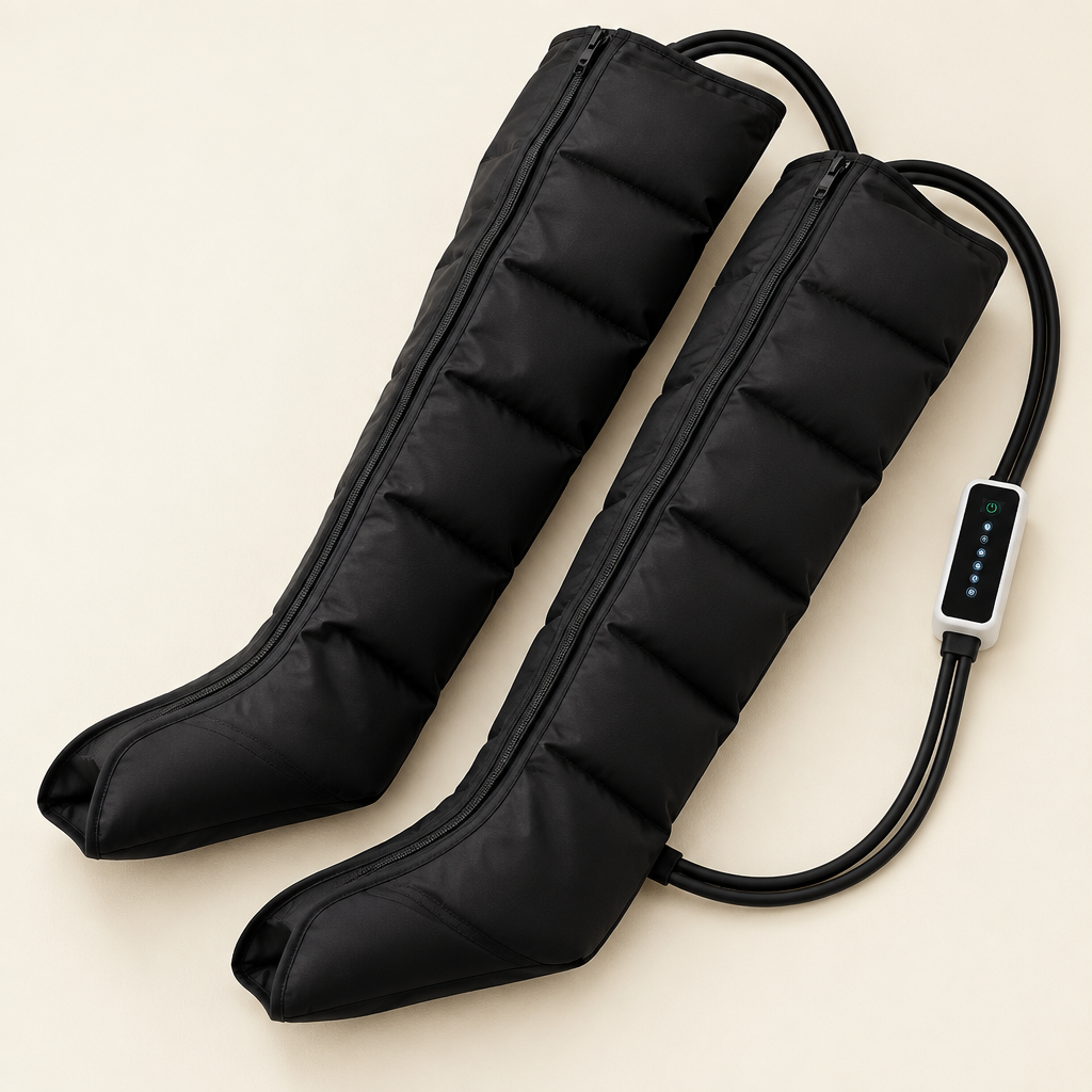Long black air compression massage boots and connected controller